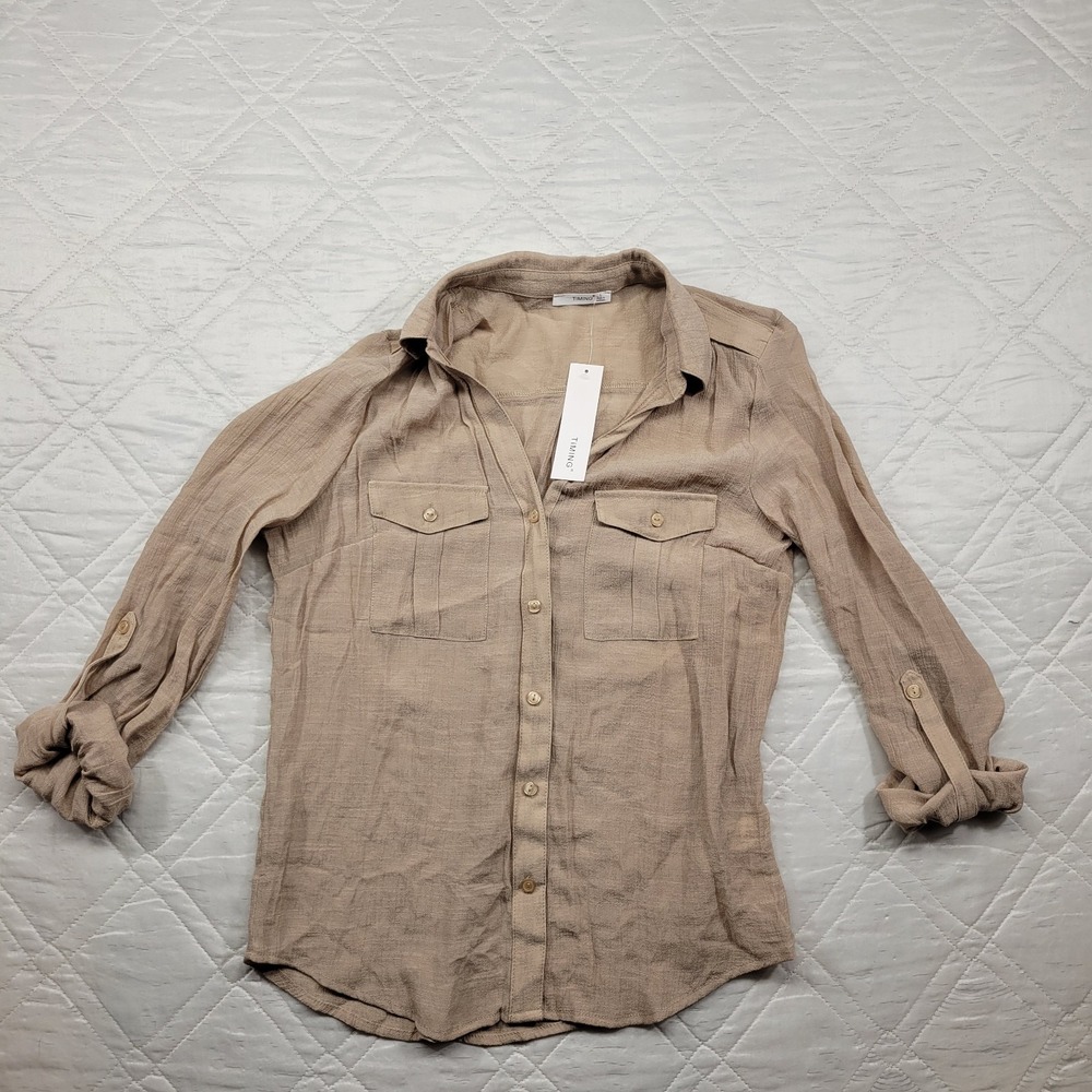 Timing light weight tan button up shirt w/ roll up sleeves size L nwt